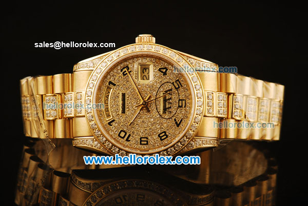 Rolex Day Date Swiss ETA 2836 Automatic Yellow Gold Case with Diamond Dial/Bezel and Gold Diamond Strap - Click Image to Close